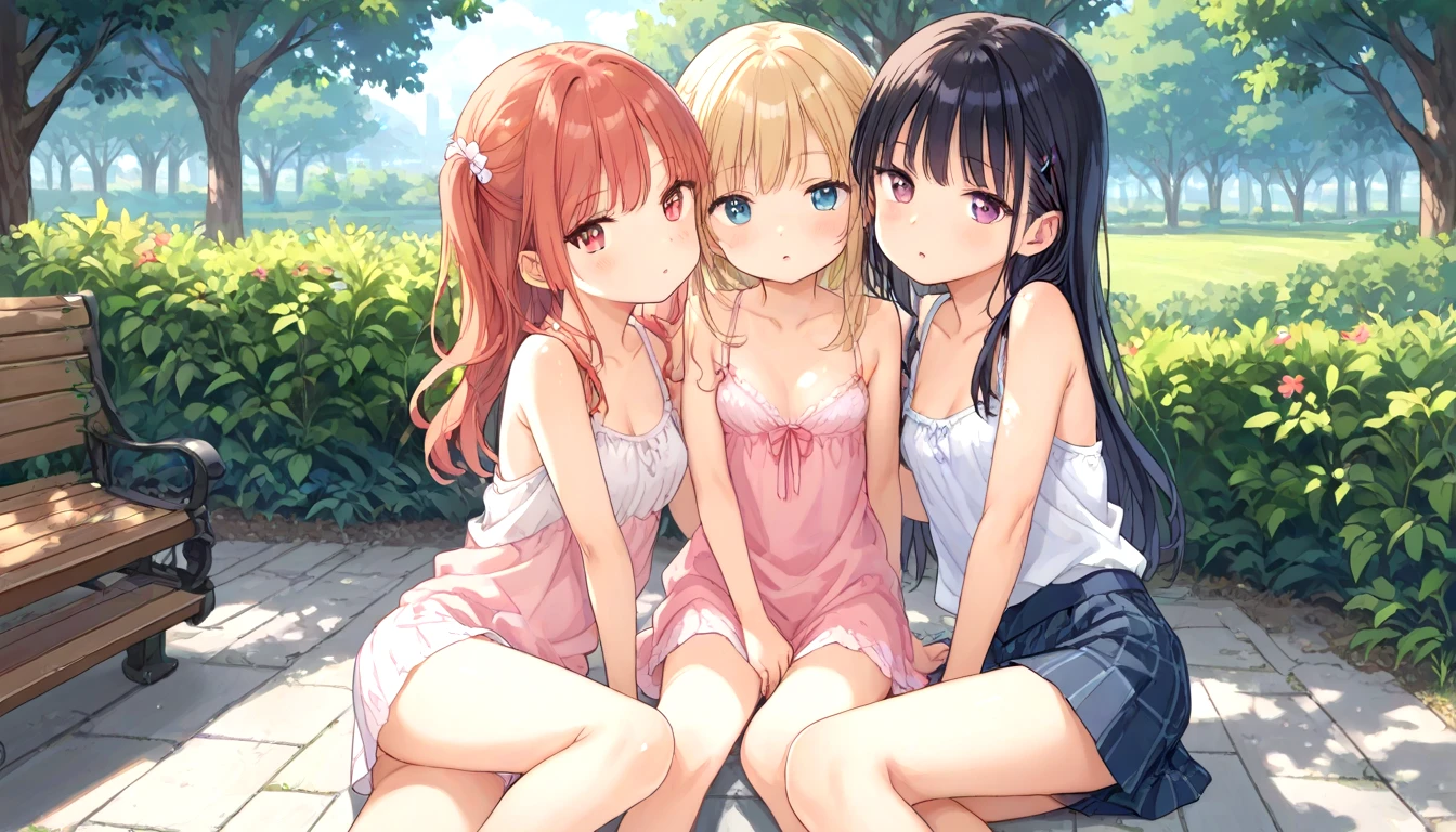 score_9, multiple girls, (diverse facial features:1.2), cleavage, clothes lift, small breasts, sitting, on side, skinny, looking at viewer, parted lips, (expressive eyes:1.2), yuri, park, outdoors