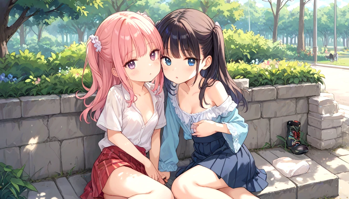 score_9, multiple girls, (diverse facial features:1.2), cleavage, clothes lift, small breasts, sitting, on side, skinny, looking at viewer, parted lips, (expressive eyes:1.2), yuri, park, outdoors