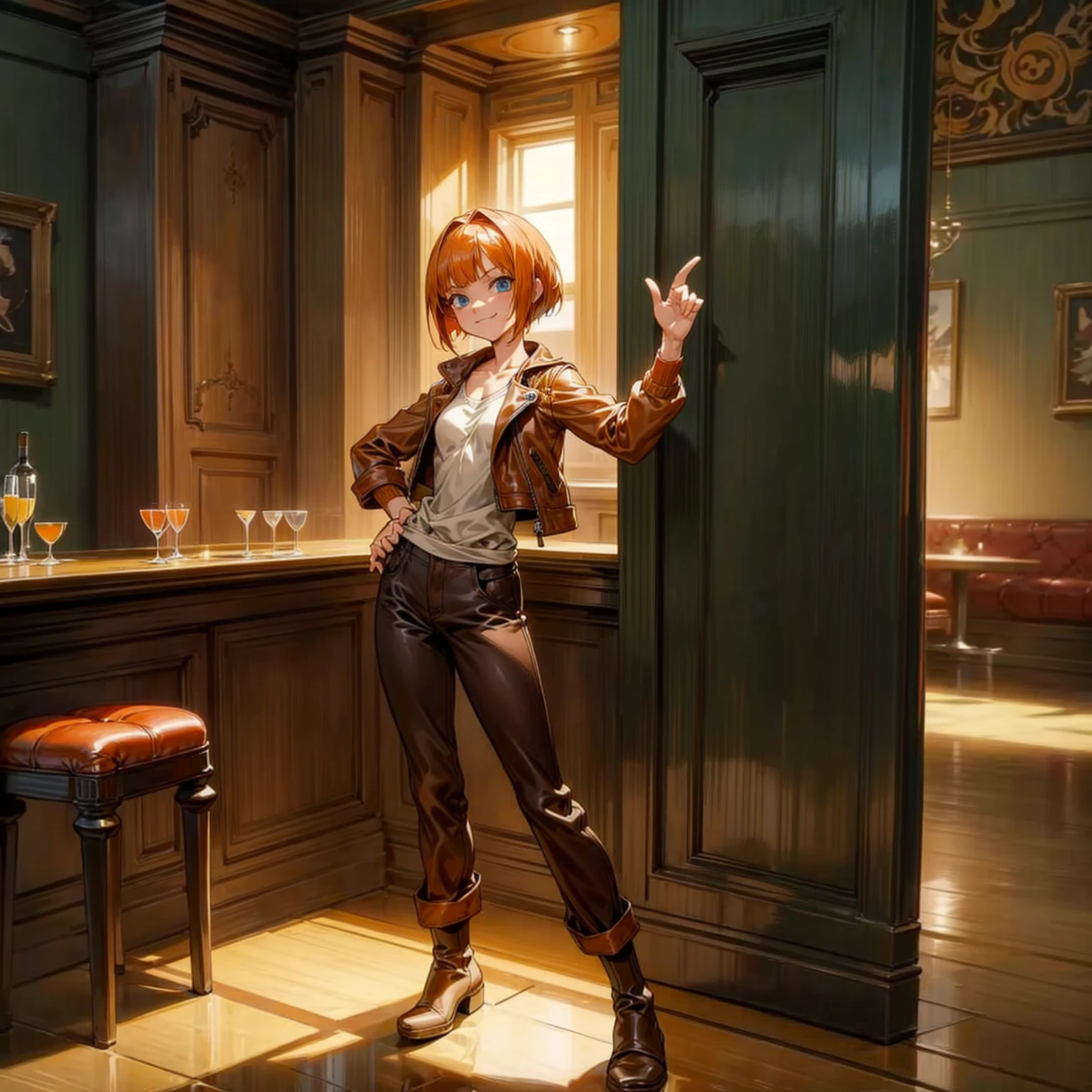 Background in the indoor room bar, Grassroots, one piece style art, Full body version, adult girl, orange hair, short bob hairstyle, brown leather jacket, long pants, boots, blue eyes, smiley face, standing gesture