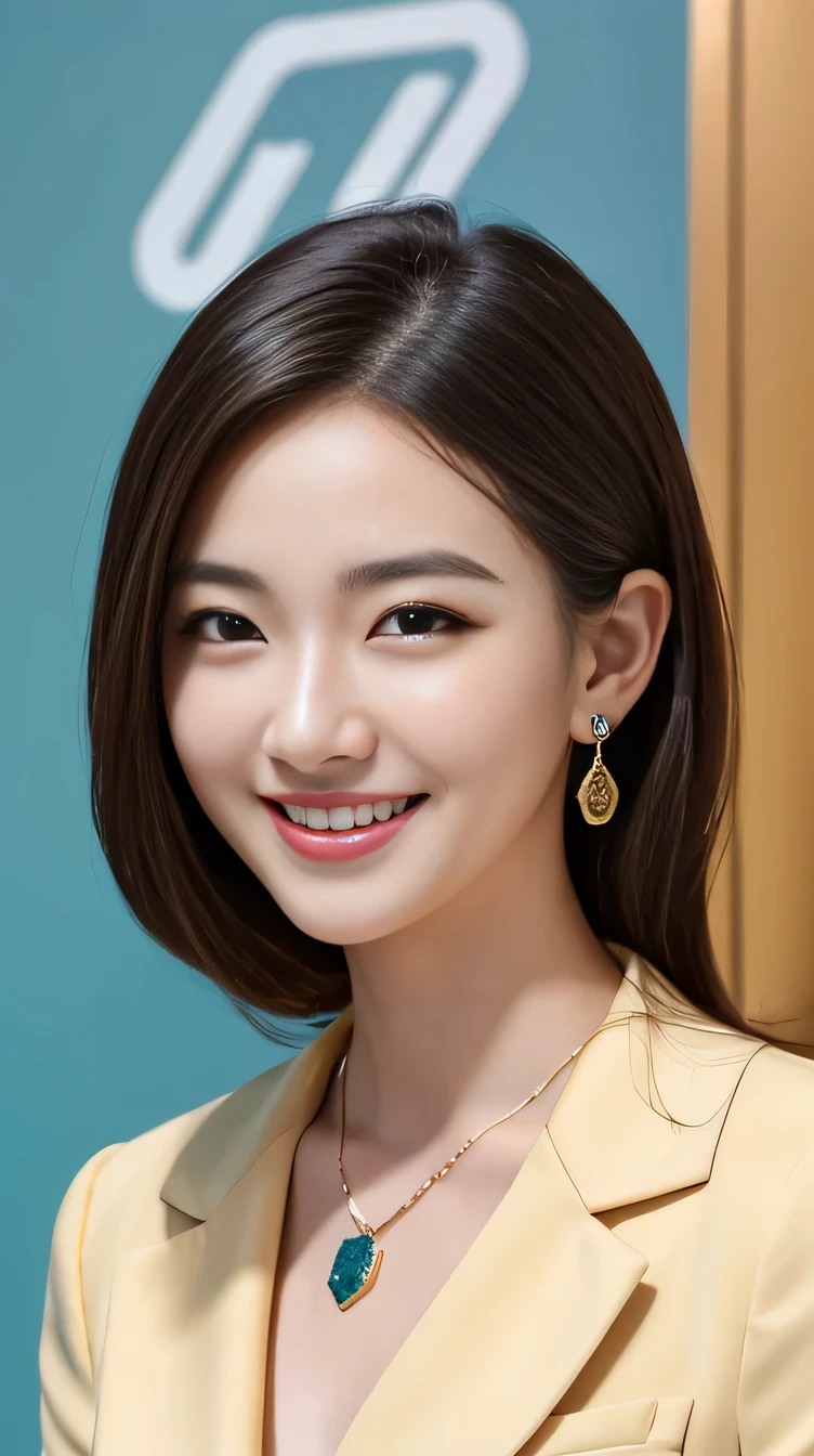 high quality:1.2), RAW Photos, High resolution, Very detailed, Intricate details, 、ear piercing、smile、Beautiful teeth alignment、Black Hair、Clear beauty,(High Quality Fabric, Office Lady Suits 、Necklace around the neck、, The background is the office