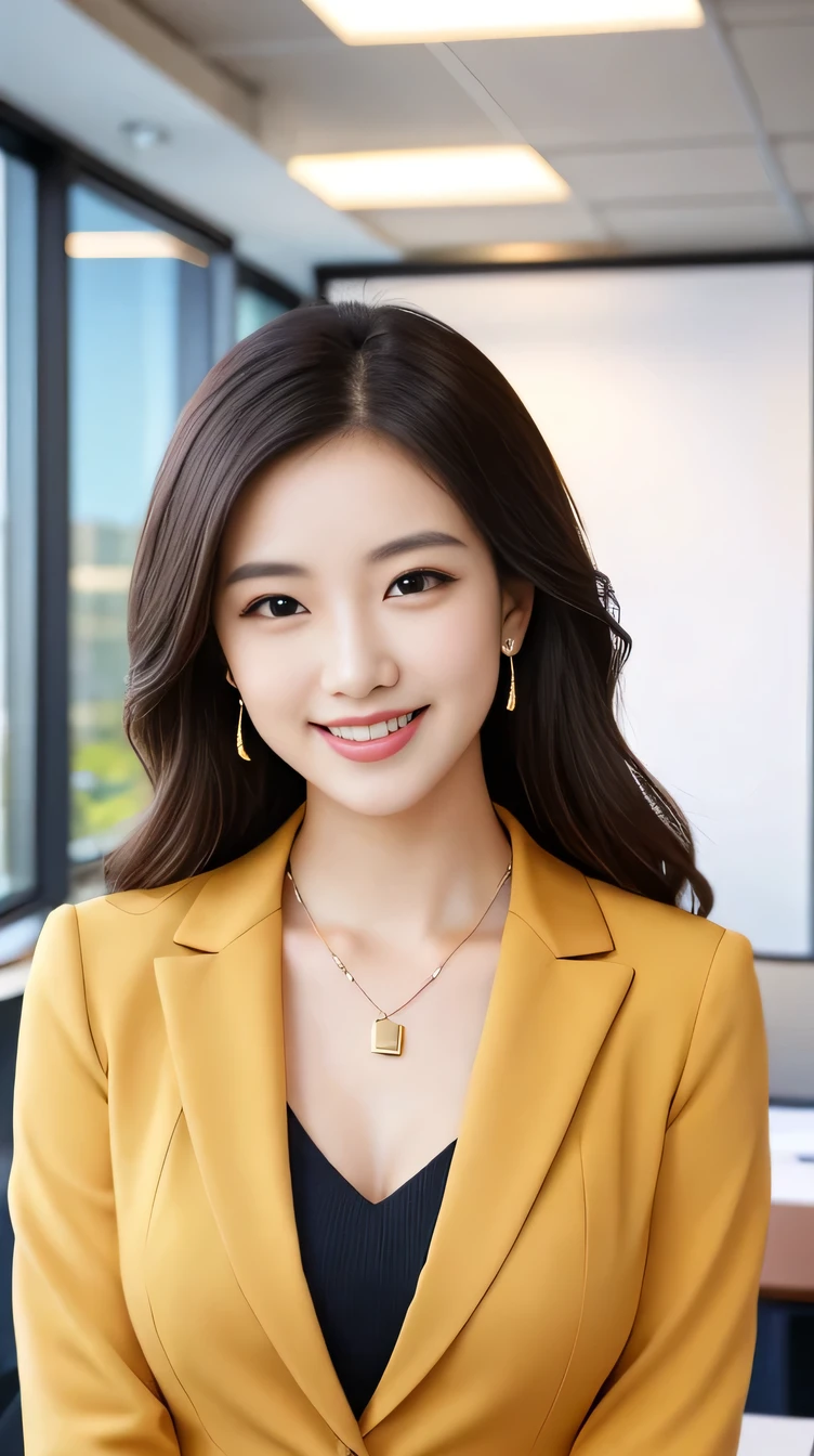 high quality:1.2), RAW Photos, High resolution, Very detailed, Intricate details, 、ear piercing、smile、Beautiful teeth alignment、Black Hair、Clear beauty,(High Quality Fabric, Office Lady Suits 、Necklace around the neck、, The background is the office