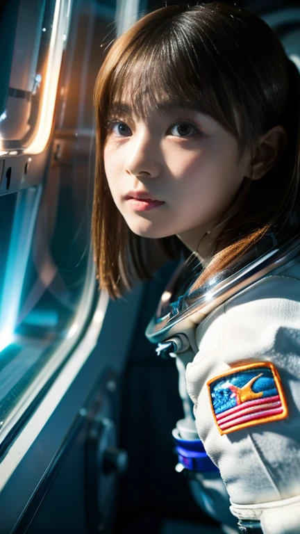 Girl looking out small window of space station at stars in outer space, one girl, Japanese, cute, 15 years old, bobbed hair, wearing space suit, (beautiful detailed eyes, clear double pupils), space is dark but countless stars are visible in distance, serious face, (outside window of space ship Stars twinkling in dark space), scene from a sci-fi movie, ((masterpiece, top quality, award winning, highest resolution, photorealistic, raw photo, 8K wallpaper)), ((high resolution, very detailed, fine detail)))