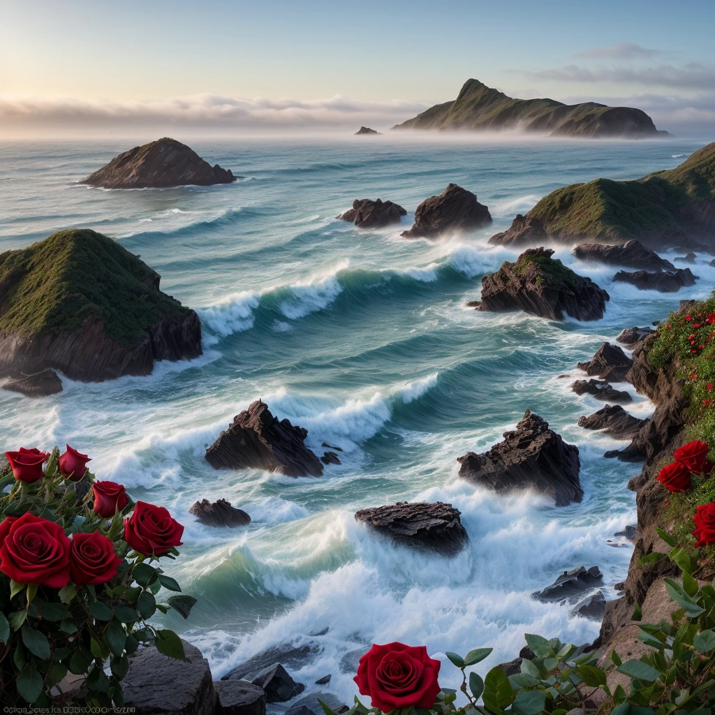 red rose and orchid garden, epic garden , (photo from low angles:1.5), (rose gardens at the sea shore , fog and fog:1.3),, ray tracing, (best quality, 4k, 8k, high resolution, masterpiece:1.2), very detailed, (realistic , photorealistic, photorealistic :1.37), HDR, UHD, masterpiece, professional, bright and neutral colors, studio lighting, black rocks, wild ocean waves, sea shore,