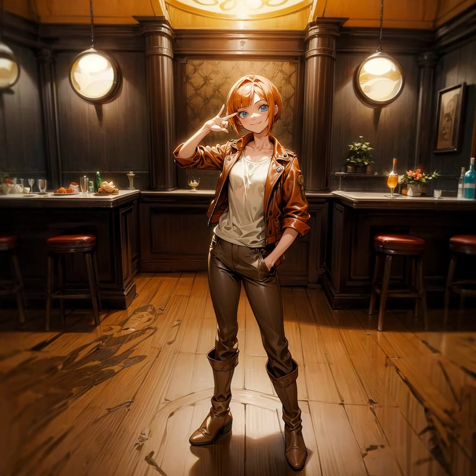 Background in the indoor room bar, Grassroots, one piece style art, Full body version, adult girl, orange hair, short bob hairstyle, brown leather jacket, long pants, boots, blue eyes, smiley face, standing gesture