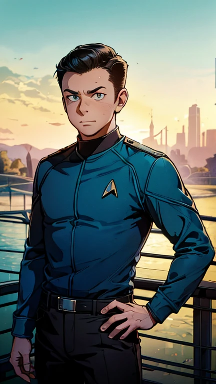 (Teens:1boy: Tintin,star trek), (extremely detailed CG unit 8k wallpaper),(master part), (best quality), (ultra detali), (best illustration),(melhor ombre), cowboy shot, (Sharp eyeliner, ombre, detailed eyes:1), enterprise bridge background, ,break , (star15escola:1.2), upper body,short hair, black hair, 1man,1boy, blue top, black pant