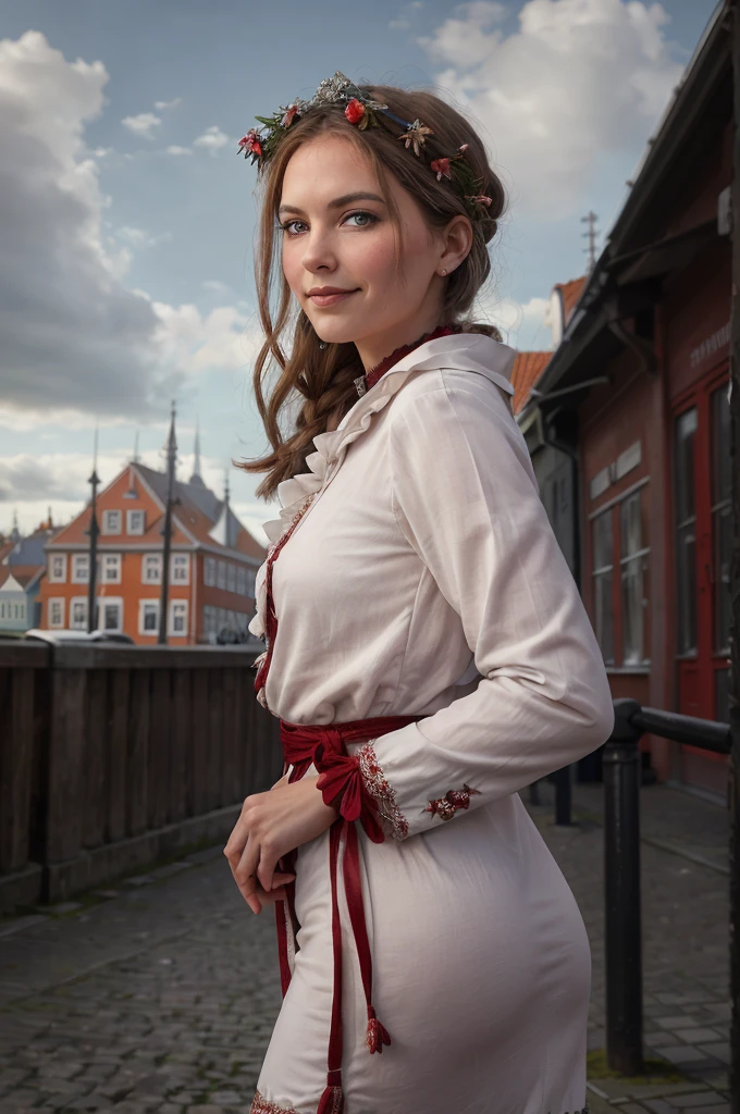 une femme debout, sérieuse, ((à Copenhague)), de face, (près du port de copenhague), ((statut de sirène derrière elle)), smirk, jolie corps, beau visage tenue traditionnel, (robe traditionnel danoise)