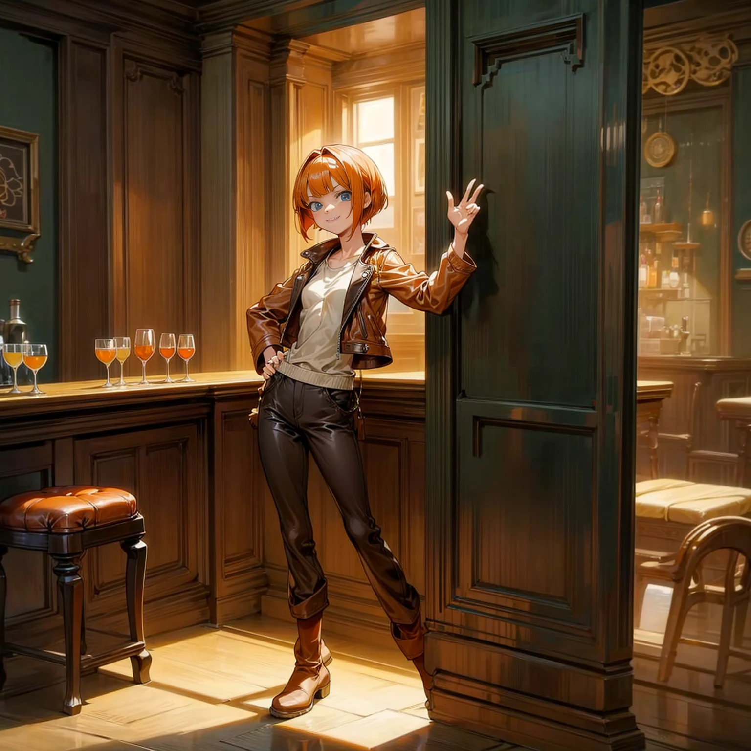 Background in the indoor room bar, Grassroots, one piece style art, Full body version, adult girl, orange hair, short bob hairstyle, brown leather jacket, long pants, boots, blue eyes, smiley face, standing gesture