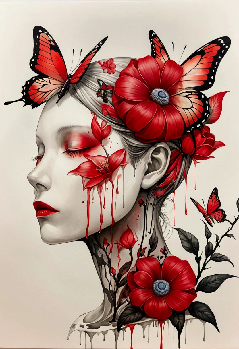 Colored lead paintingSimple ink painting，Flowing ink，Blooming：Inspired by Marco Mazzoni,Profile portrait - head up，bird、Butterfly、Plants and flowers。Black and red theme。White background