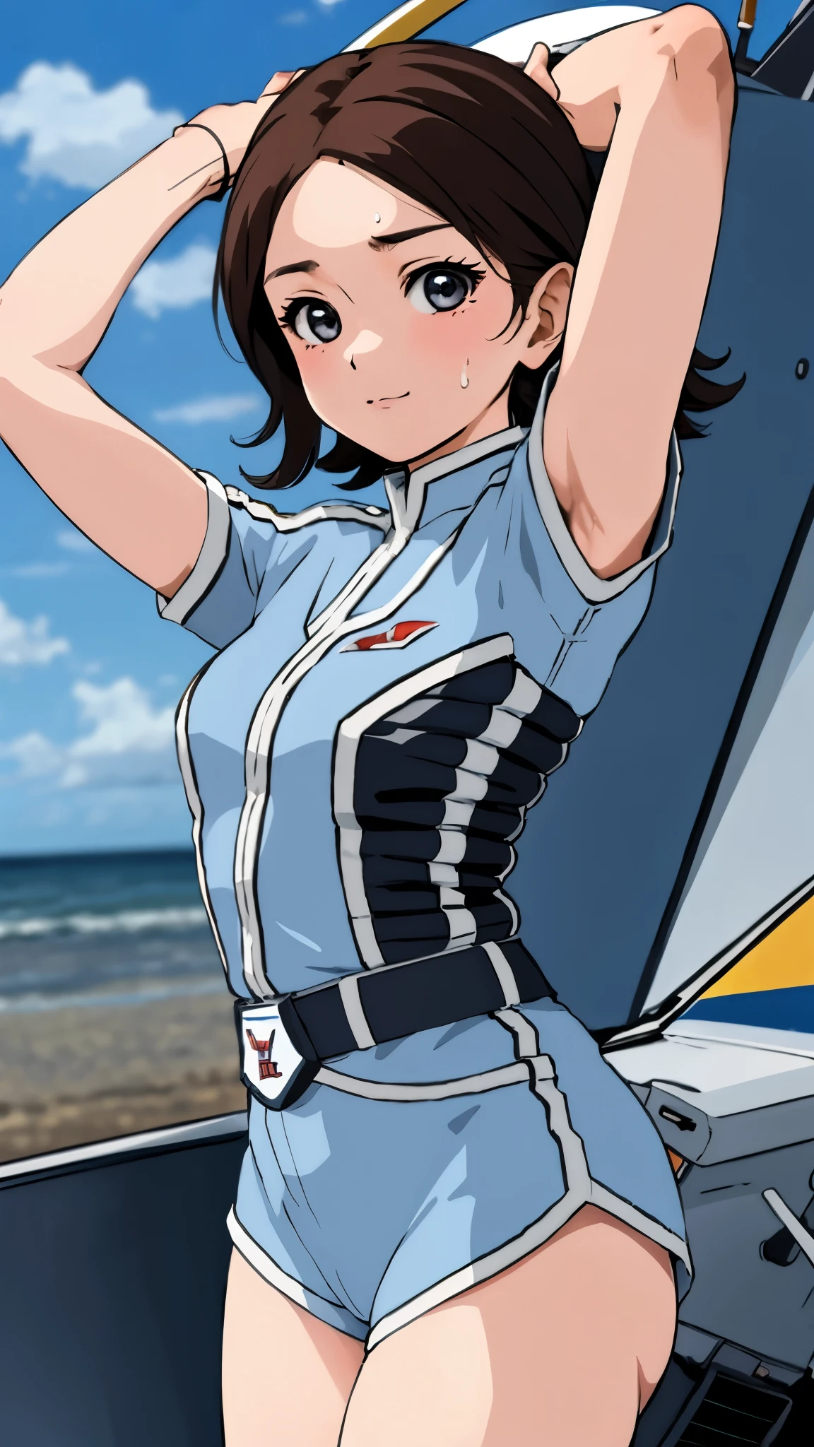 masterpiece, best quality, solo,1girl,looking at viewer,, cowboy shot,sea,anime style,
anne、Ultra Guard Interior、Fighter Aircraft Background、Arms rolled up、
Licking a soft serve ice cream、Sweating、Hot look、