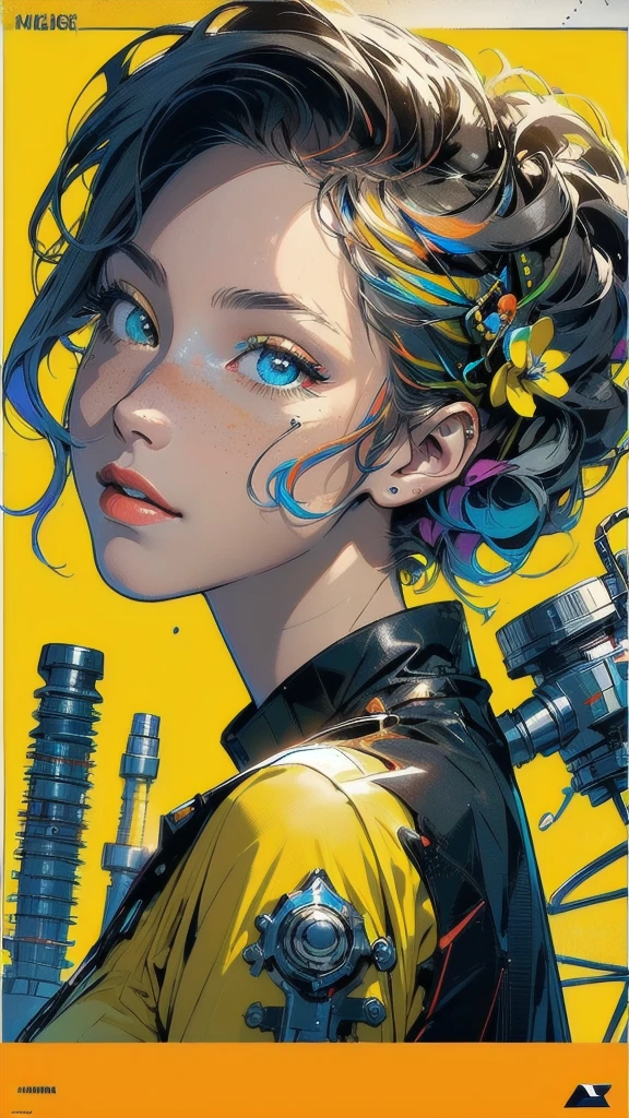 (((masterpiece, highest quality))),(((solo:1.2))),(((1girl:1.2))),32k wallpaper, very detailed, poster, vintage science fiction,(((((geometric cinematic movie poster))))), ((bauhaus)),(shape),(((abstract))),(mid century modern),movie poster,(((((portfolio))))),(((((Close-up))))),(((((bust up))))),((((more various angle)))),((((highlight)))),((((heterochromia)))),(((complete. detailed face))),((((Extremely talented)))),(((((most complecated futristic machine))))),(Colorful color scheme),(((detailed unlimited mechanic complete Equipment))),(((Absolutely Bright yellow background))),((Matte texture background))
