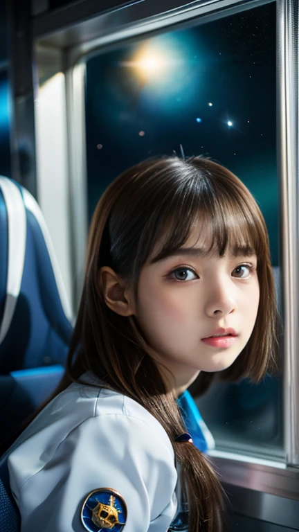 Girl looking out small window of space station at stars in outer space, one girl, Japanese, cute, 15 years old, bobbed hair, wearing space suit, (beautiful detailed eyes, clear double pupils), space is dark but countless stars are visible in distance, serious face, (outside window of space ship Stars twinkling in dark space), scene from a sci-fi movie, ((masterpiece, top quality, award winning, highest resolution, photorealistic, raw photo, 8K wallpaper)), ((high resolution, very detailed, fine detail)))