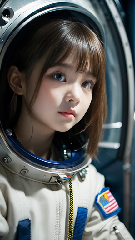 Girl looking out small window of space station at stars in outer space, one girl, Japanese, cute, 15 years old, bobbed hair, wearing space suit, (beautiful detailed eyes, clear double pupils), space is dark but countless stars are visible in distance, serious face, (outside window of space ship Stars twinkling in dark space), scene from a sci-fi movie, ((masterpiece, top quality, award winning, highest resolution, photorealistic, raw photo, 8K wallpaper)), ((high resolution, very detailed, fine detail)))