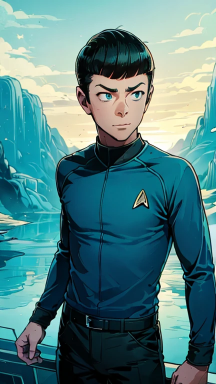 (Teens:1boy: Tintin,star trek), (extremely detailed CG unit 8k wallpaper),(master part), (best quality), (ultra detali), (best illustration),(melhor ombre), cowboy shot, (Sharp eyeliner, ombre, detailed eyes:1), enterprise bridge background, ,break , (star15escola:1.2), upper body,short hair, black hair, 1man,1boy, blue top, black pant