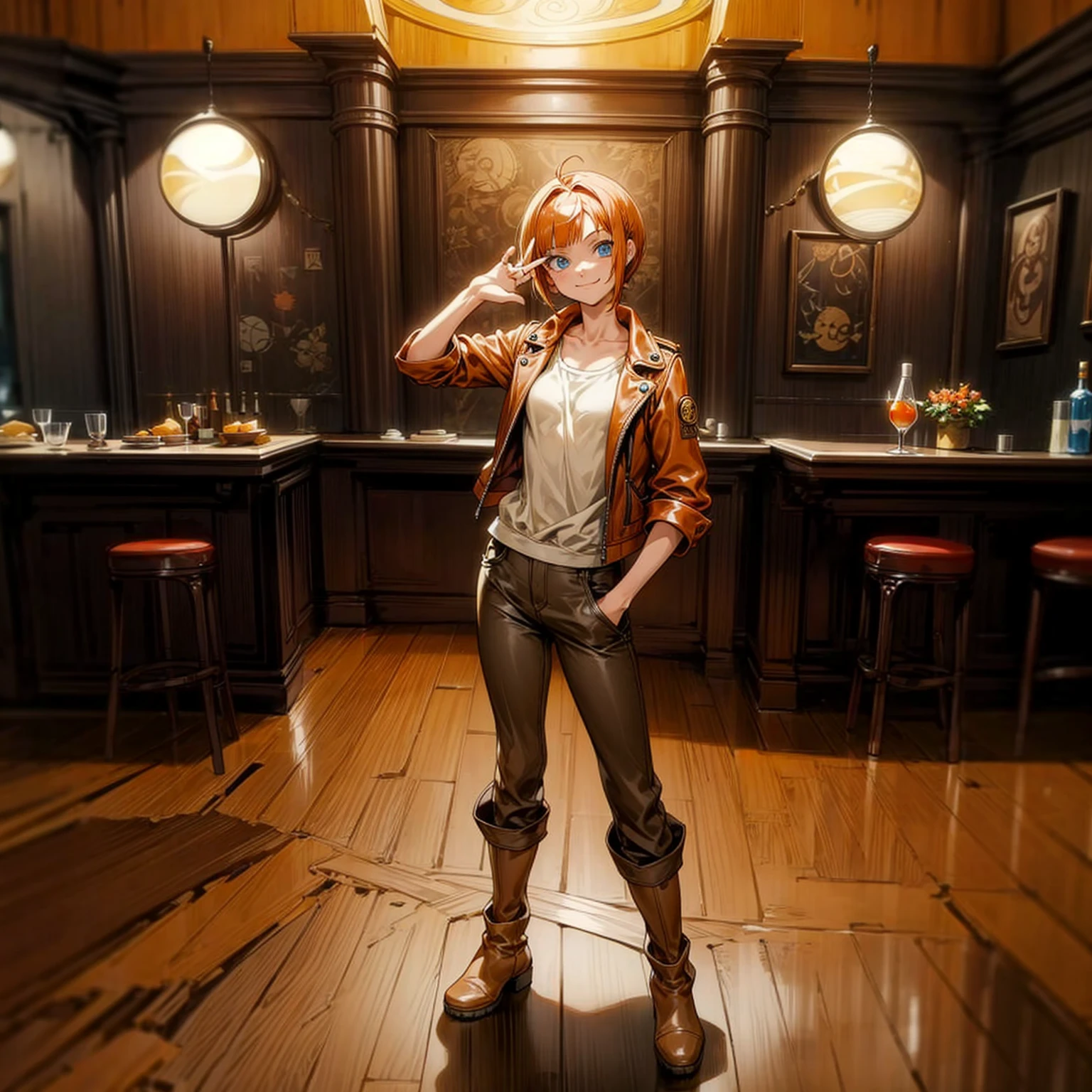 Background in the indoor room bar, Grassroots, one piece style art, Full body version, adult girl, orange hair, short bob hairstyle, brown leather jacket, long pants, boots, blue eyes, smiley face, standing gesture