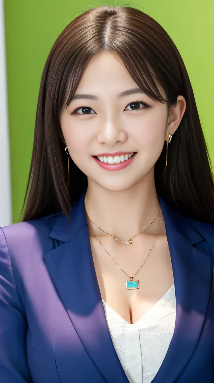 high quality:1.2), RAW Photos, High resolution, Very detailed, Intricate details, 、Two women standing side by side、ear piercing、smile、Beautiful teeth alignment、Black Hair、Clear beauty,(High Quality Fabric, Office Lady Suits 、Necklace around the neck、, The background is the office