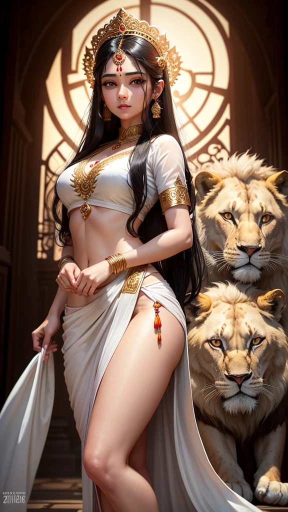 Sexy hot hindu gods beautiful face HD outfit white sari long black hair nearly lions