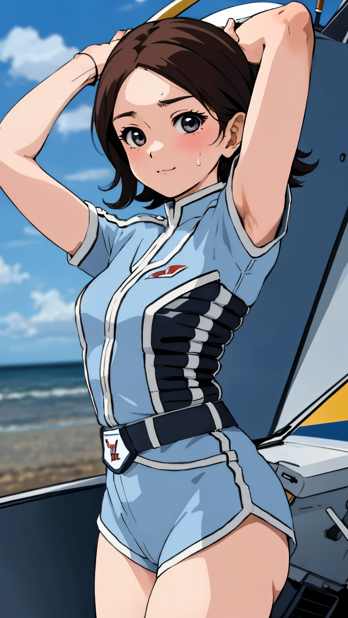 masterpiece, best quality, solo,1girl,looking at viewer,, cowboy shot,sea,anime style,
 anne、Ultra Guard Interior、Fighter Aircraft Background、Arms rolled up、
Licking a soft serve ice cream、Sweating、Hot look、