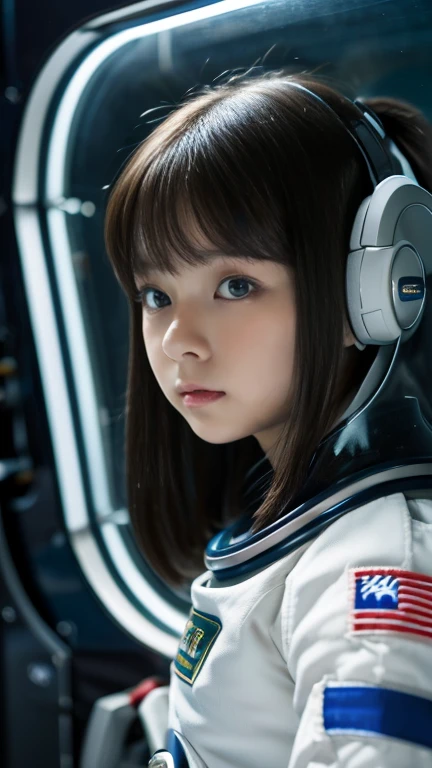 Girl looking out small window of space station at stars in outer space, one girl, Japanese, cute, , bobbed hair, wearing space suit, (beautiful detailed eyes, clear double pupils), space is dark but countless stars are visible in distance, serious face, (outside window of space ship Stars twinkling in dark space), scene from a sci-fi movie, ((masterpiece, top quality, award winning, highest resolution, photorealistic, raw photo, 8K wallpaper)), ((high resolution, very detailed, fine detail)))