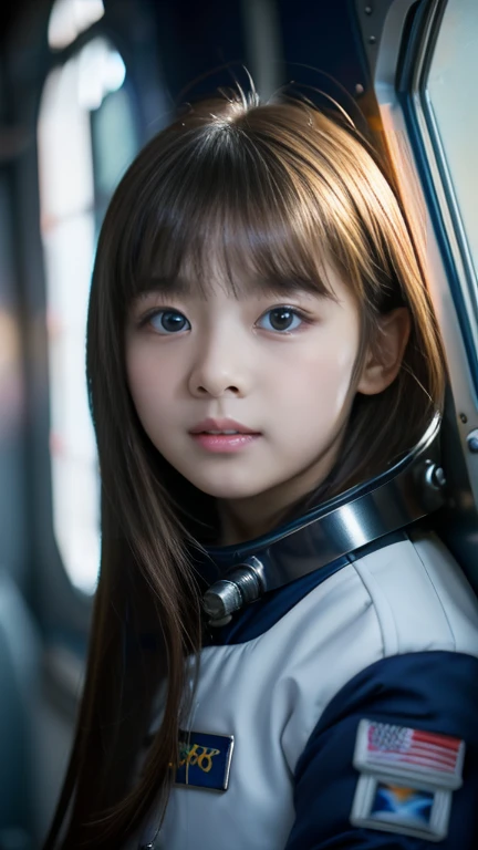 Girl looking out small window of space station at stars in outer space, one girl, Japanese, cute, , bobbed hair, wearing space suit, (beautiful detailed eyes, clear double pupils), space is dark but countless stars are visible in distance, serious face, (outside window of space ship Stars twinkling in dark space), scene from a sci-fi movie, ((masterpiece, top quality, award winning, highest resolution, photorealistic, raw photo, 8K wallpaper)), ((high resolution, very detailed, fine detail)))