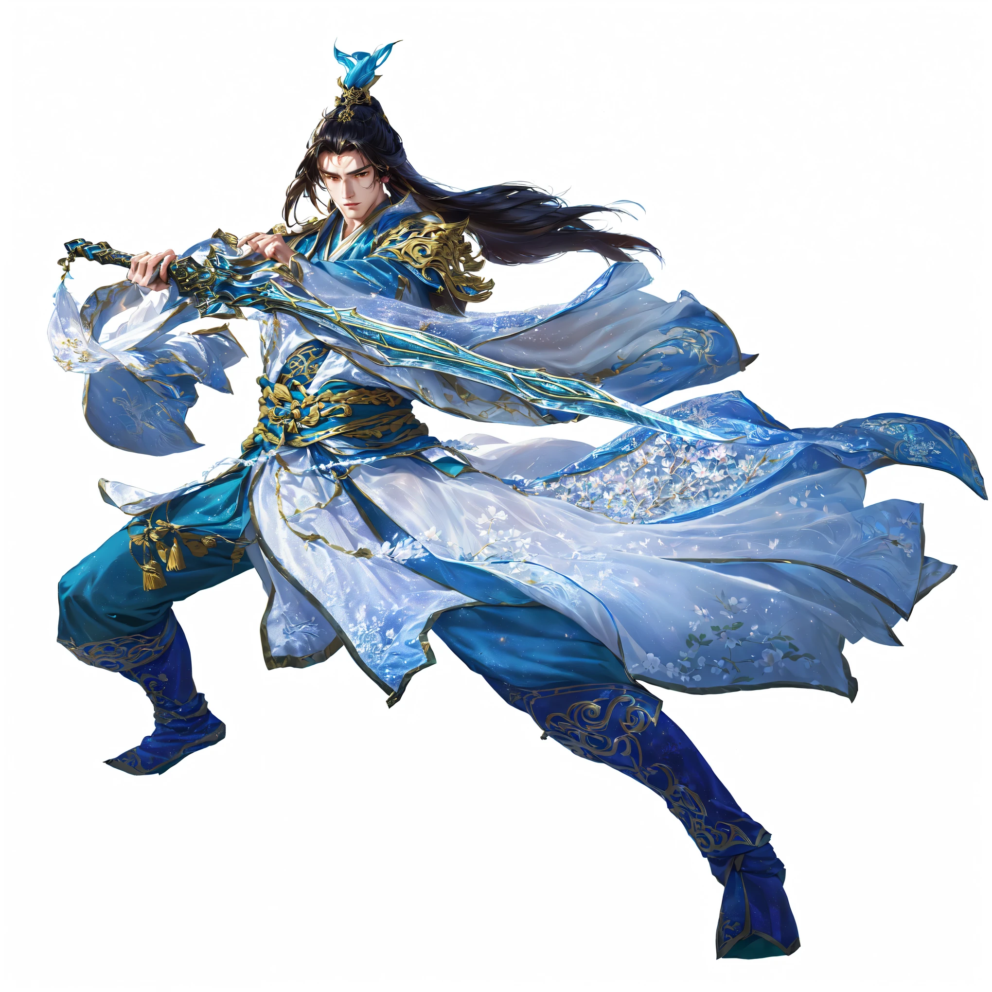 Close up of a man holding a sword and a saber,Fairy air,Background with fairy scene zhao yun, heise jinyao, Inspired by Huang Shen, Inspired by Li Kan, guan yu, Inspired by Zhao Yuan, xianxia hero, bian lian, Inspired by Cao Zhibai, Inspired by Zhang Sengyao, Full body fairy, G Liulian art style