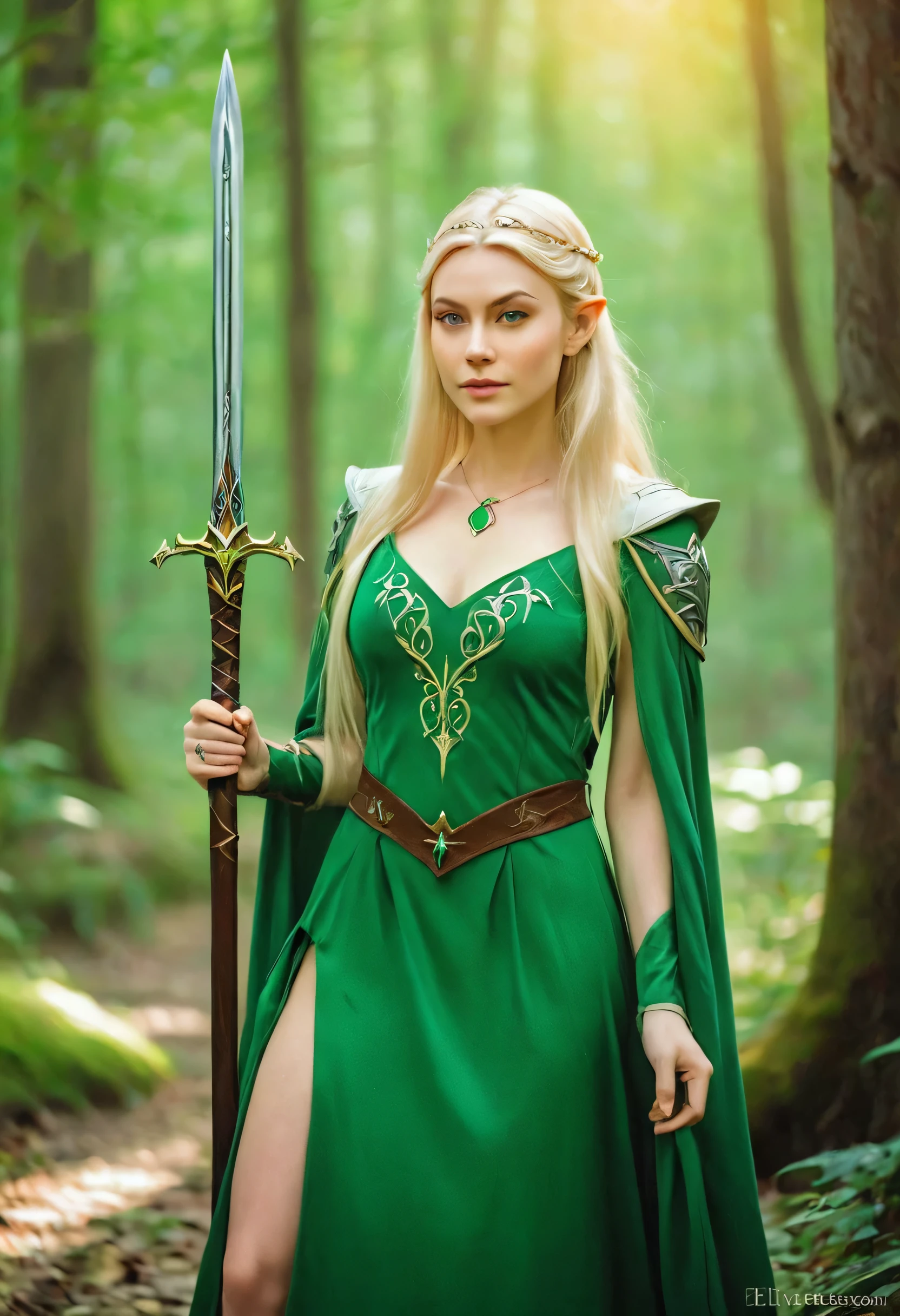 woman in green dress with sword in the forest, elven princess воинов, like a medieval fantasy character, alluring elven princess knight, blonde emerald warrior, elven princess, very beautiful elven top model, beautiful elven princess, Blonde Elven Empress, fantasy photo shoot, Fantasy character photo, elven princess, AnnaSophia Robb - Link of a woman with long blonde hair in a green dress, female elf, elven character with smirk, beautiful and elegant female elf, elf, a elf portrait, elf portrait, portrait female elf wizard, female elfling, portrait of a female elf warlock, portrait of a very beautiful elf, elven princess