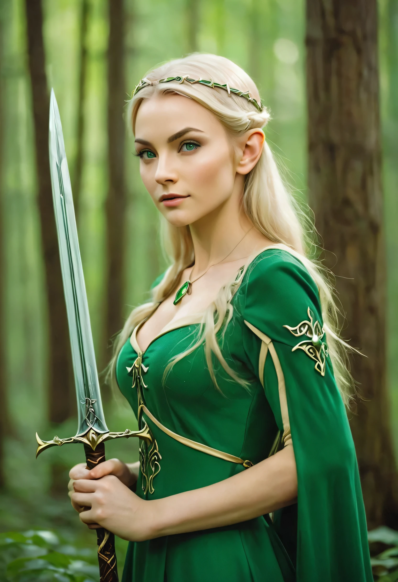 woman in a green dress with a sword in her hands in the forest, воинственная поза elven princess воинов, like a medieval fantasy character, alluring elven princess knight, blonde emerald warrior, elven princess, very beautiful elven top model, beautiful elven princess, Blonde Elven Empress, fantasy photo shoot, Fantasy character photo, elven princess, AnnaSophia Robb - Link of a woman with long blonde hair in a green dress, female elf, elven character with smirk, beautiful and elegant female elf, elf, a elf portrait, elf portrait, portrait female elf wizard, female elfling, portrait of a женщин(Best quality:1.2, realistic:1.37)a-elf warlock, portrait of a very beautiful elf, elven princess 