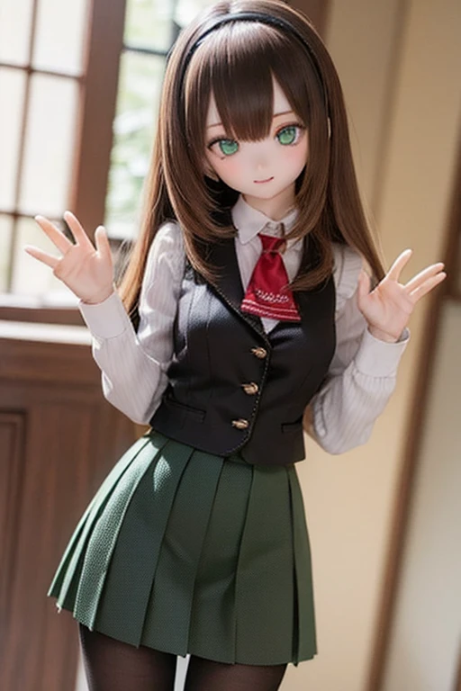 (SFW:2), photorealistic, realistic photo, 8k, ((highest quality)), ((masterpiece)), (extremely detailed), kukolnydom, doll, ( woman, 21yo, 21 years old, solo:1.6), ((cowboy shot, standing, head tilt, waving, light smile, slim, slender, skinny, medium breastband, ascot, vest, blouse, long puff sleeves,ated skirt, black pantyhose)), (grees, brown hair, long hair, plastic skin, looking at another, glass eyes, gient eyes, shining eyes, detailed eyes:1.3)