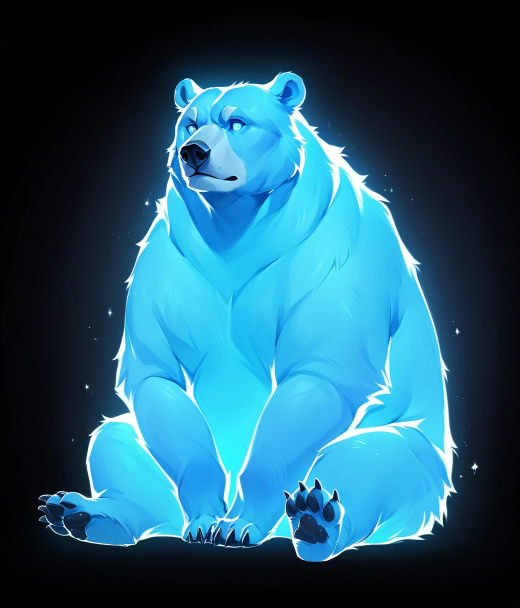 p4tr0nus, no humans, glowing, black background, blue theme, bear, sitting