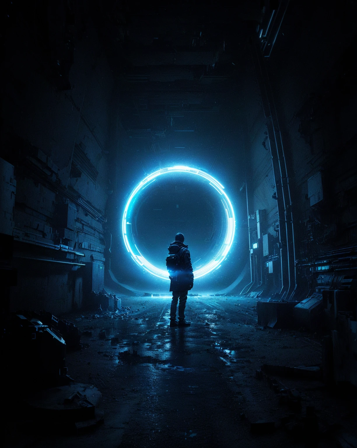 there is a man standing in a tunnel with a light in the middle, cinematic beeple, beeple and mike winkelmann, beeple |, style hybrid mix of beeple, beeple style, by Beeple, beeple and greg rutkowski, beeple. octane render, spirits coming out of portal