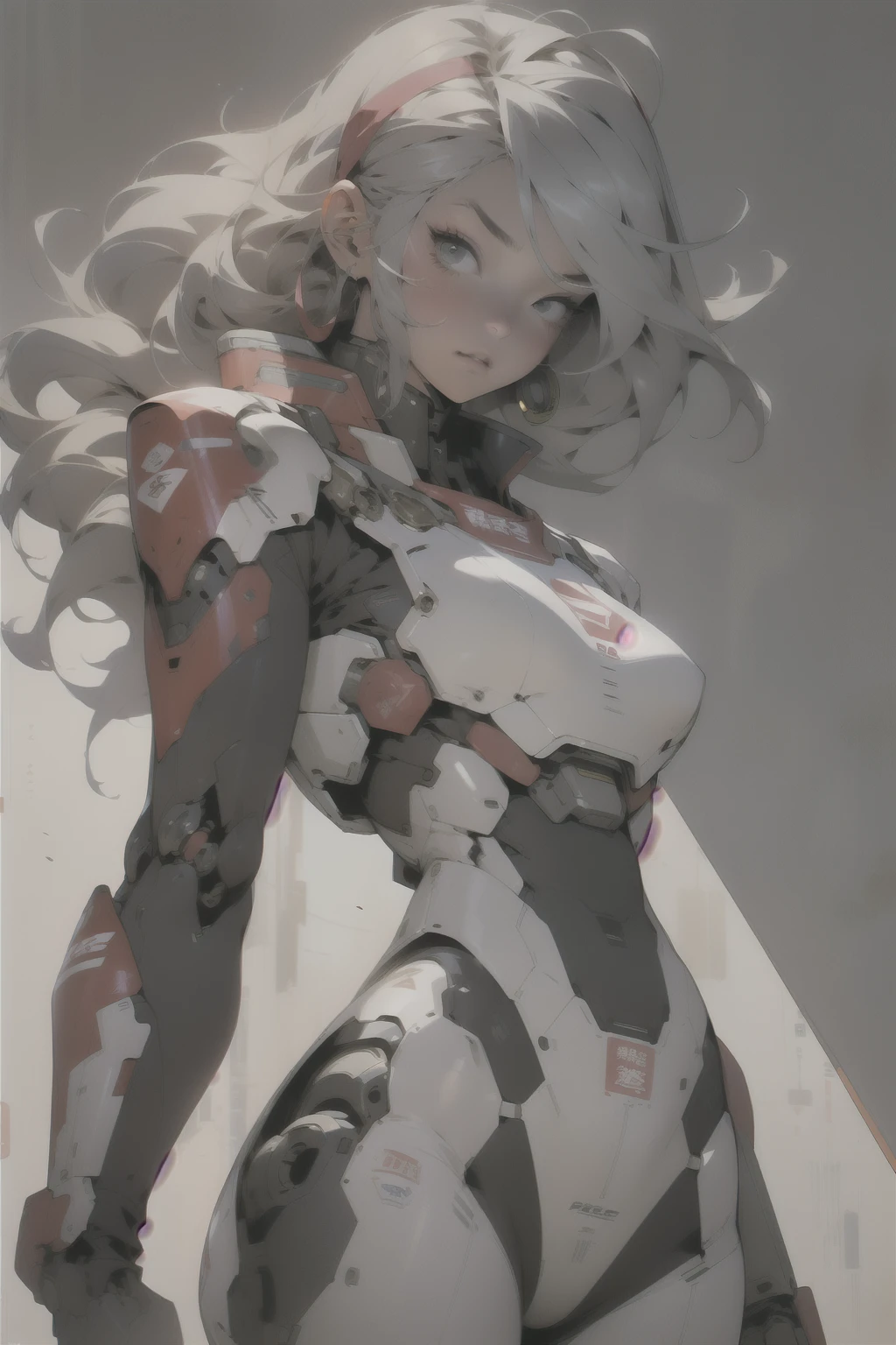 ((Highest quality))、((masterpiece))、(Verbosity: 1.4)、(Absurd)、(((whole body))、(((woman)))、20歳のwoman、Gray Hair、Large Breasts、美しい筋肉質のwoman、giant robot pilot、Perfect body and wild、Wearing small clothes、Small string、Japanese graphic patterns、Clothes with halftone patterns and vertical stripes、Earth Colors、coming out of the body of a giant robot、Equipped with a large vertical