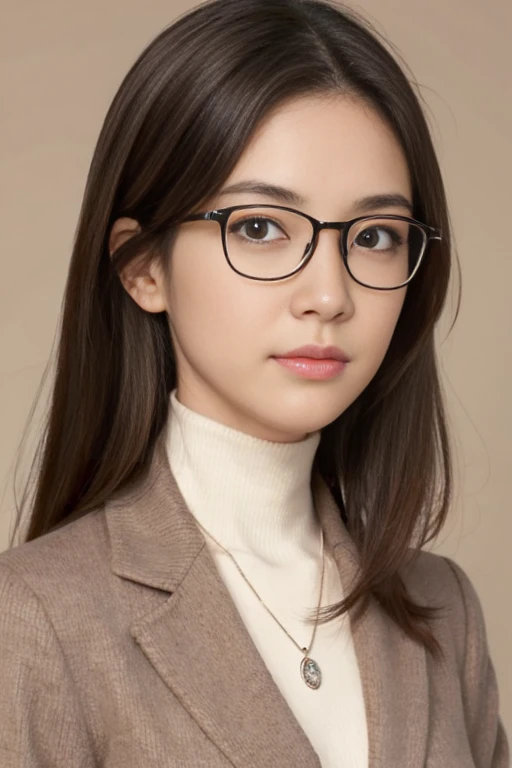 womanの肖像, Mid 30s, Japan nationality, Illuminated face, Upper body composition, Realistic high definition images. Features: shoulder-length brown hair, Intellectual appearance with glasses, Simple contours, Well-defined eyebrows, Deep Eyes, Straight nose, Soft mouth. clothing: Turtleneck sweater in muted colors, Classic Blazer, Pendant Necklaces. Year: 38, gender: woman. To achieve a realistic look、Ensure that your depiction contains subtle imperfections。.