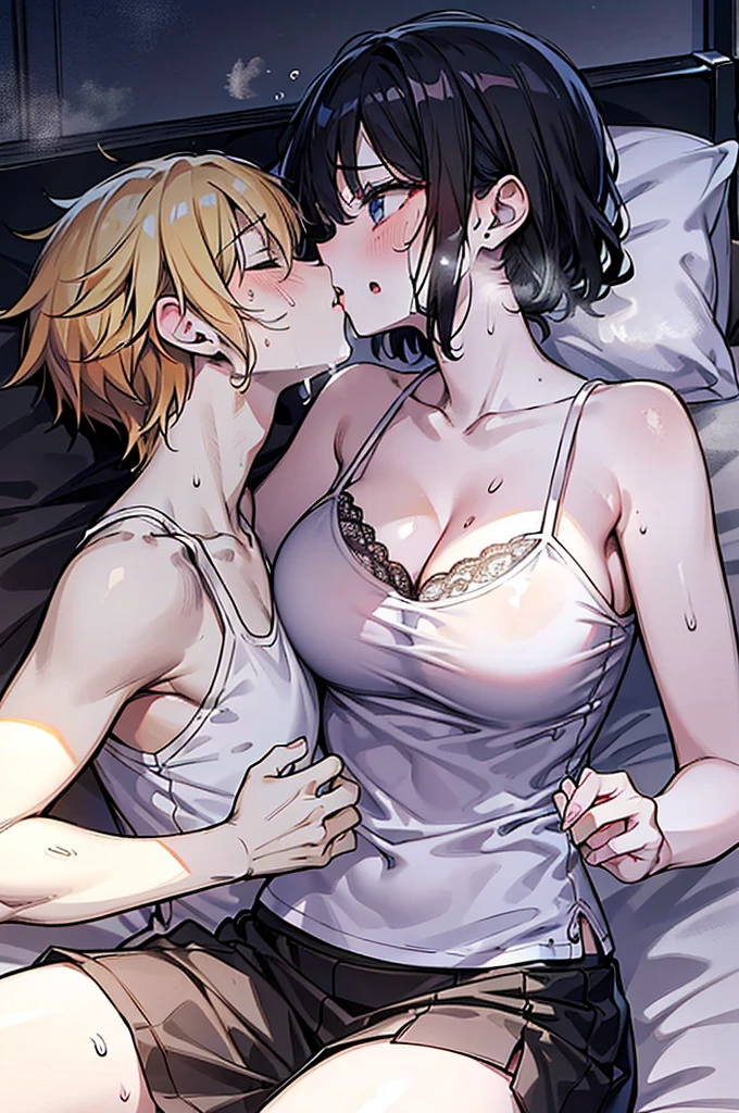 Perfect human body、1 Handsome man,1 girl、A couple、heterosexuality、 National Foundation, ((Lying in bed)), (Very detailed background), (((Boy kisses girl))), camisole、mini skirt、clavicle,Large breasts, ,((Woman with fever)), ((Sweating,Steaming hot))), 、、((Kolos's expression turned red.),