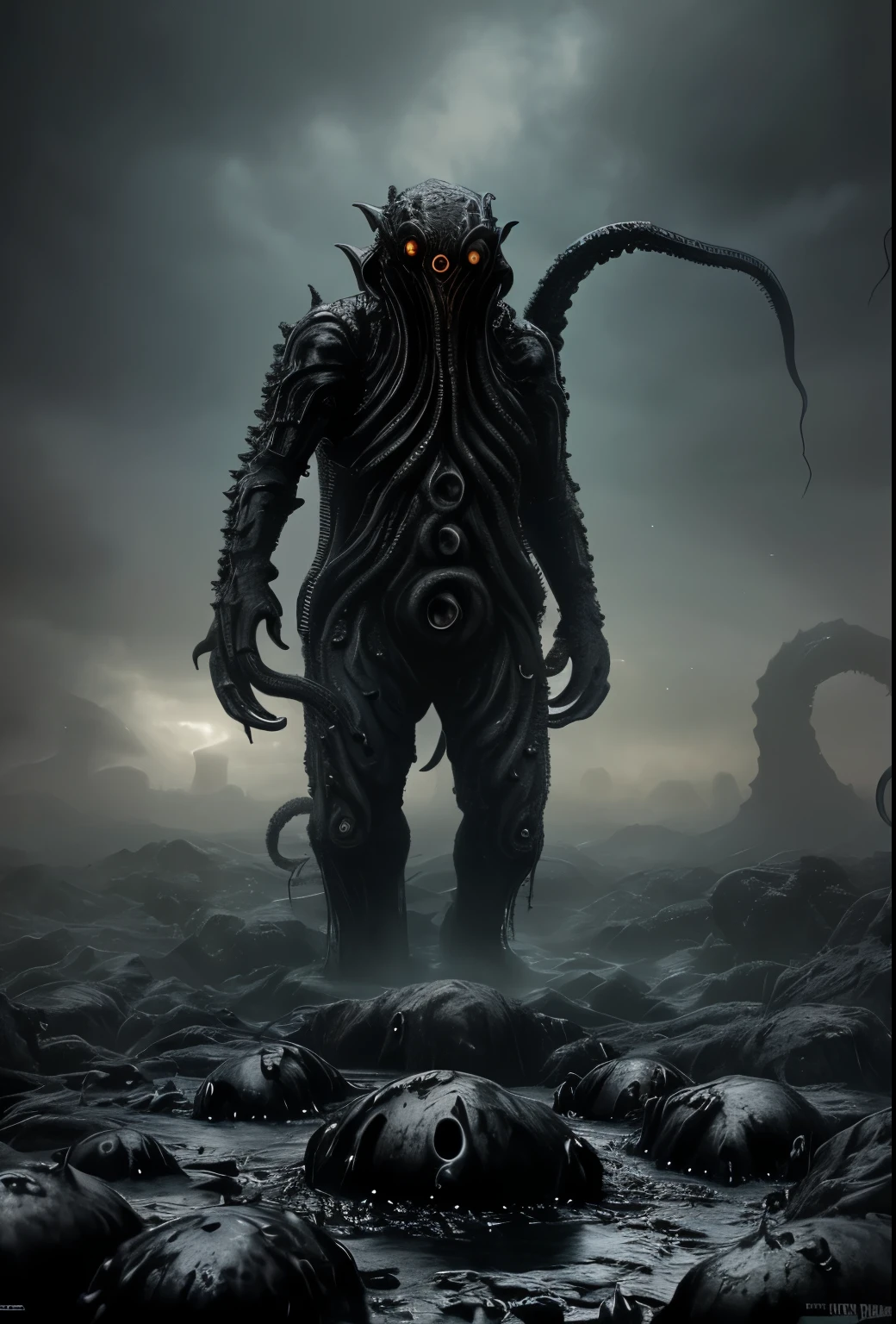 (evil cosmic horror made from black oil, (cthulhu kaiju inspired by hr giger:1.3), (made from black slime:1.5), razor sharp teeth), barren landscape, (oil wells, oil pump:1.2), tar pits and poisonous fumes, ash, lifeless and dead, dead twisted trees, cinematic film still, directed by Denis Villeneuve|Zack Snyder, steampunk masterpiece, (victorian style:1.2),