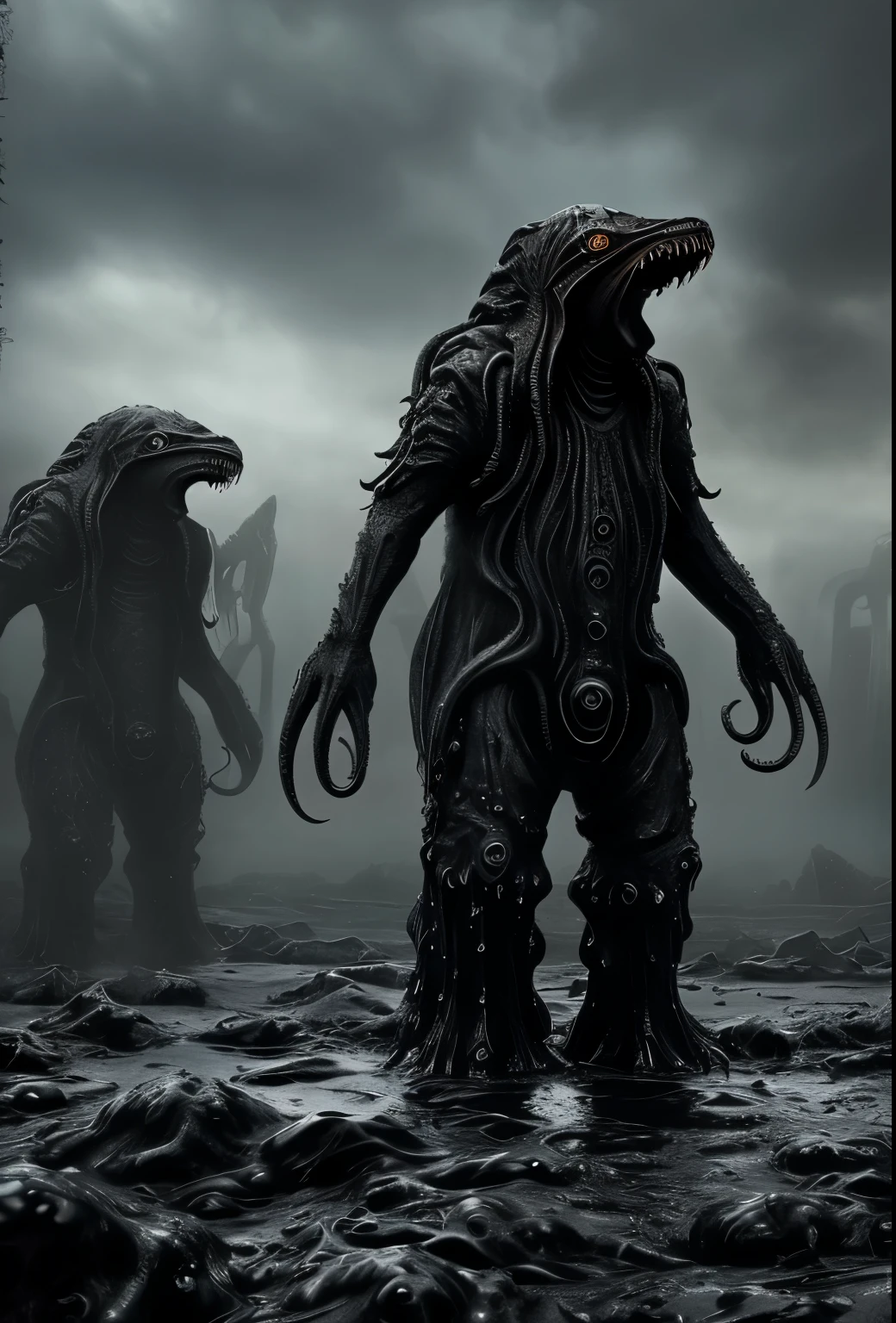 (evil cosmic horror made from black oil, (cthulhu kaiju inspired by hr giger:1.3), (made from black slime:1.5), razor sharp teeth), barren landscape, (oil wells, oil pump:1.2), tar pits and poisonous fumes, ash, lifeless and dead, dead twisted trees, cinematic film still, directed by Denis Villeneuve|Zack Snyder, steampunk masterpiece, (victorian style:1.2),