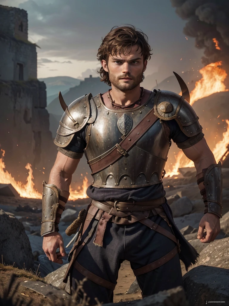 Portrait of a Viking warrior, Stone shoulder armor , Jamie Dornan, very beautiful and strong, forte e musculoso, tanned and strong, dark short hair, brave warrior, Looks like actor Jamie Dornan, in front of a burning village, Cliffs, close up, Attack posture and attitude.