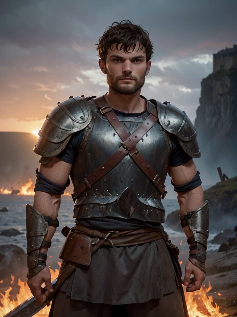 Portrait of a Viking warrior, Stone shoulder armor , Jamie Dornan, very beautiful and strong, forte e musculoso, tanned and strong, dark short hair, brave warrior, Looks like actor Jamie Dornan, in front of a burning village, Cliffs, close up, Attack posture and attitude.