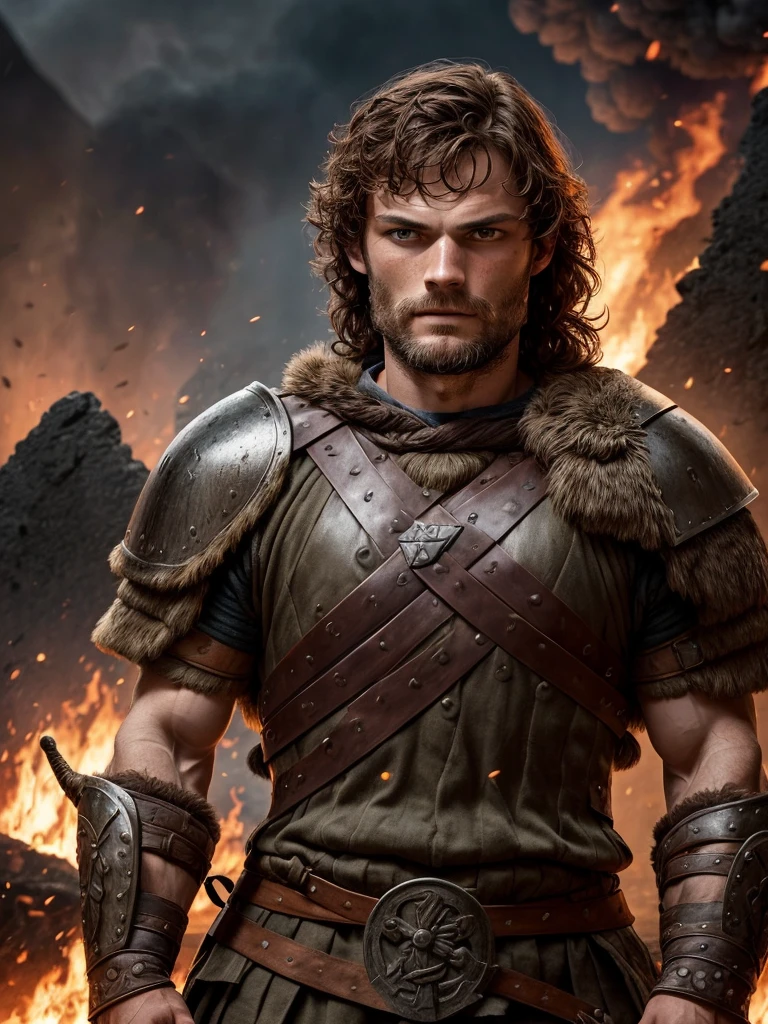 Portrait of a Viking warrior, Stone shoulder armor , Jamie Dornan, very beautiful and strong, forte e musculoso, tanned and strong, dark short hair, brave warrior, Looks like actor Jamie Dornan, in front of a burning village, Cliffs, close up, Attack posture and attitude.