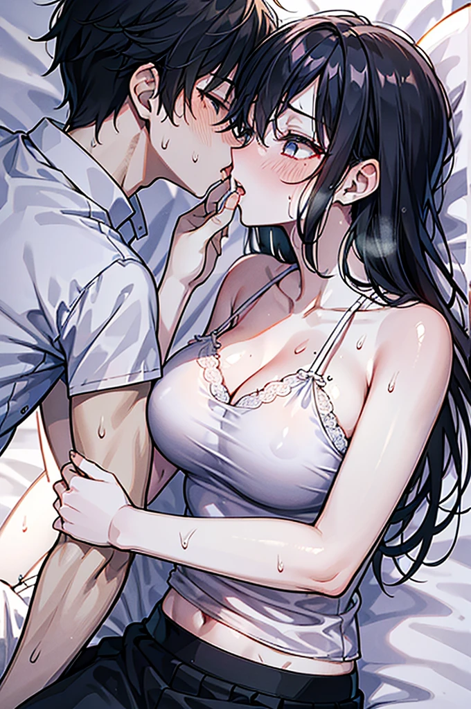 Perfect human body、1 Handsome man,1 girl、A couple、heterosexuality, ((Lying in bed)), (Very detailed background), (((Boy kisses girl))), camisole、mini skirt、clavicle,Large breasts, ,((Woman with fever)), ((Sweating,Steaming hot))), 、、((Kolos's expression turned red.),