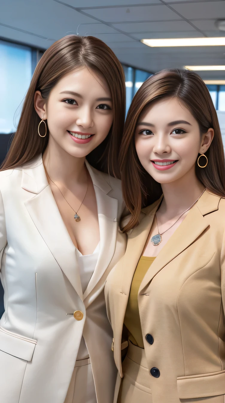 RAW Photos, High resolution, Very detailed, Intricate details, 、Two women standing side by side、ear piercing、smile、Beautiful teeth alignment、Light brown hair、Clear beauty,(High quality fabric, Office Lady Suits 、Necklace around the neck、, The background is the office