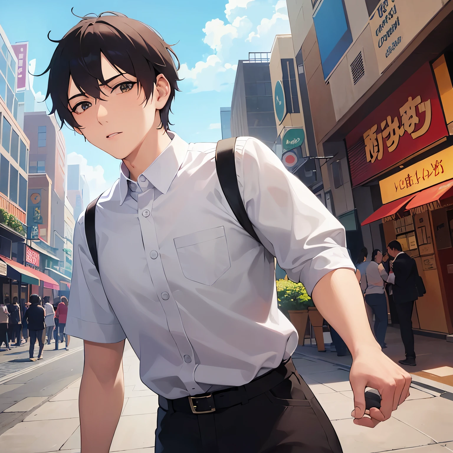 hand up, upper body、shiny skin, masterpiece、Highest quality、(25-year-old male:1.5) and (Brown short hair) and (Green Eyes), (white collared shirt)、Are standing、(confused:1.5)、The background is a shopping street、(Alone:1.5)、