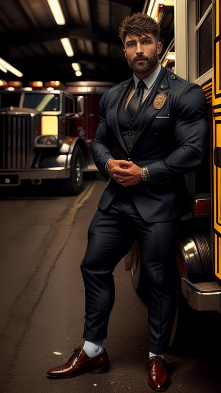 masterpiece, best quality, high resolution, closeup portrait, male focus, full body focus, A man, 40 years old, with business suit with formal shoes and socks, brown hair, messy hairstyle, cute and seductive face, big chest, facial hair, roman nose, very skinny body, hairy legs, dimples, beard, bold jawline , in the background a fire station, his perfect big penis is coming out, masterpiece, below, amazing composition, front view, HDR, ultra quality, elegant, highly detailed