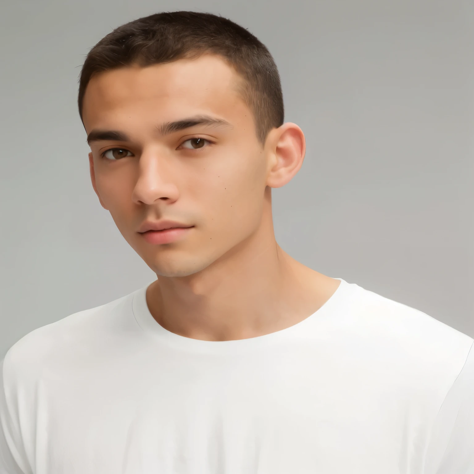 arafed man in a white shirt looking at the camera, lean man with light tan skin, centered shoulders up view, man in white t - shirt, head and shoulders view, young man with beautiful face, male model, dressed in a white t shirt, well-groomed model, with short hair, upper body portrait, wearing a light shirt