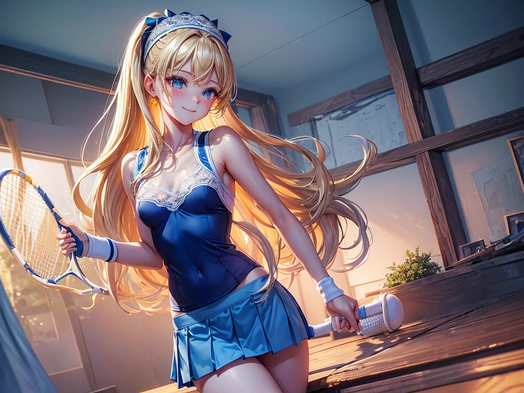 (((top-quality, masterpiece))), ((masterpiece, best quality;1.3)), ultra detailed, 8k unity wallpapers, CG, ray tracing, illustration, colorful, cinematic shadow, extremely detailed and beautiful background,vhd, shadering VRay,RT, 1girl, smile, teenage, blush, happy, smiling, solo, blue eyes, (blush), (blonde hair), (long straight hair), headband, ((small breasts))), slim waist, white glowing skin, nice hips, highly detailed beautiful face, beautiful face, beautiful deep eyes, (talented Lo-Fi:1.3), sexy, lewd, (((blue tennis uniform))), (((shirt lift))), ((lace bra)), white miniskirt, ((blue lace panty)), ((white stocking)), (((tennis field))), glowing, glowing light, ultra detailed, scenic, atmospheric, classroom atmosphere, ((Masterpiece, Excellent, complex details)), delicate girl, delicate face