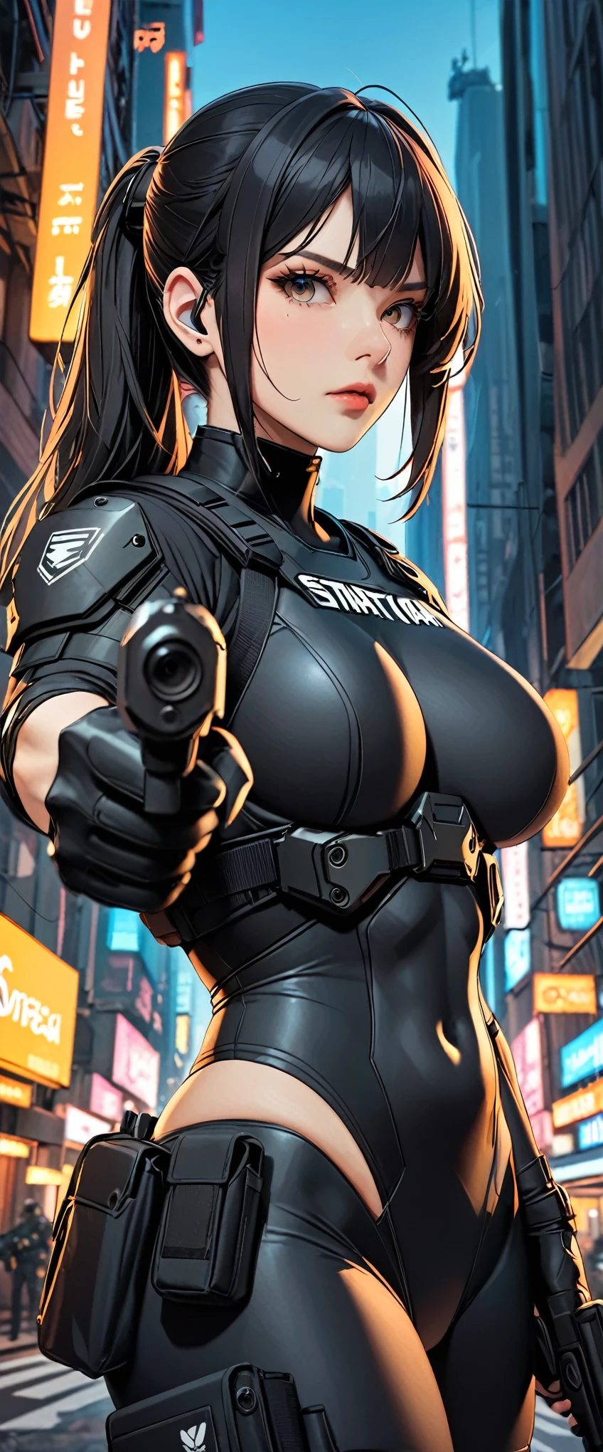 (masterpiece:1.2,Highest quality,Highest quality,Very detailed:1.2),8k,wallpaper,(One Woman),(Future female SWAT team member),(((pointing pistol:1.6))),(Extremely form fitting black tactical bodysuit),(Tactical Headset),(Tactical Holster),(Tactical Gloves),BREAK(Serious),(ponytail),(Black Hair),(Beautiful Face),(Beautiful Eyes),(Beautiful Eyes),(Very detailedな顔),(Very detailedな女性の手),(Muscular),(sexy),(Big Breasts),(Thick thighs),(Beautiful body),(The background is the neon streets of a future city:1.6),(cyber punk:1.6),(((Hand,detailed,perfect,perfection,hands))),(Beautiful female hands),(Accurate hand drawing)
