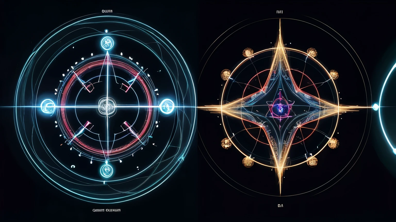 "Split image: left side showing quantum entanglement visualization, right side depicting traditional healing symbols, connected by glowing energy thread, scientific diagrams overlay, digital art"