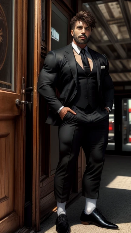 masterpiece, best quality, high resolution, closeup portrait, male focus, full body focus, A man, 40 years old, with business suit with formal shoes and socks, brown hair, messy hairstyle, cute and seductive face, big chest, facial hair, roman nose, very skinny body, hairy legs, dimples, beard, bold jawline , in the background a fire station, his perfect big penis is coming out, masterpiece, below, amazing composition, front view, HDR, ultra quality, elegant, highly detailed, in sunlight