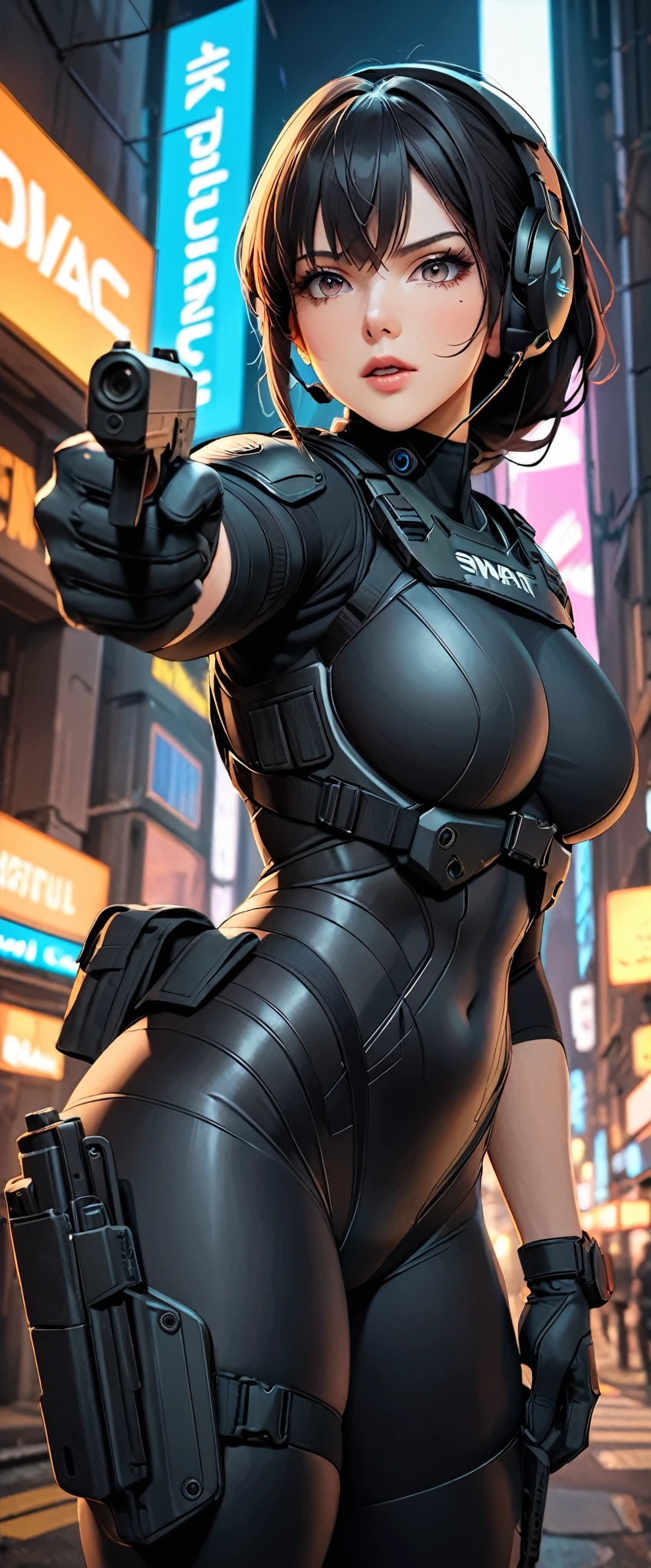 (masterpiece:1.2,Highest quality,Highest quality,Very detailed:1.2),8k,wallpaper,(One Woman),(Future female SWAT team member),(((pointing pistol:1.6))),(Extremely form fitting black tactical bodysuit),(Tactical Headset),(Tactical Holster),(Tactical Gloves),BREAK(Serious),(ponytail),(Black Hair),(Beautiful Face),(Beautiful Eyes),(Beautiful Eyes),(Very detailedな顔),(Very detailedな女性の手),(Muscular),(sexy),(Big Breasts),(Thick thighs),(Beautiful body),(The background is the neon streets of a future city:1.6),(cyber punk:1.6),(((Hand,detailed,perfect,perfection,hands))),(Beautiful female hands),(Accurate hand drawing)