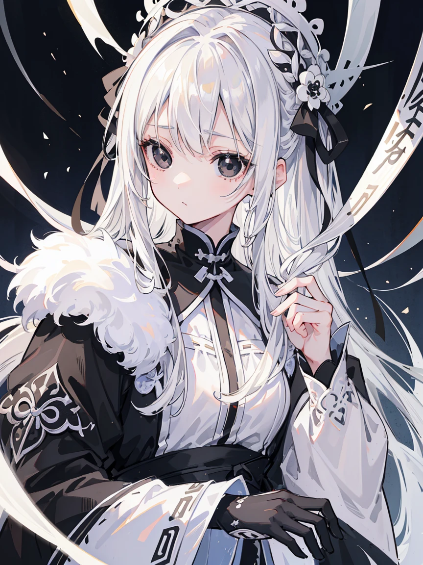(Top image quality)、(Very detailed)、(Facing forward)、Top quality、masterpiece、(((1 girl )))、Silver Hair、White hair、((Long hair))、Weaving、(black eyes:1.6)、(White and black cheongsam)、Lots of decorations、Lots of ribbons、White Ribbon、Haggard、Fluffy loose hair