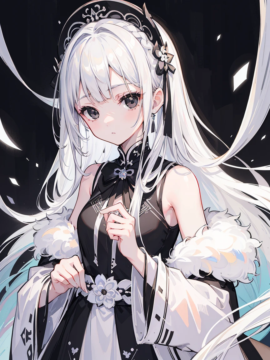 (Top image quality)、(Very detailed)、(Facing forward)、Top quality、masterpiece、(((1 girl )))、Silver Hair、White hair、((Long hair))、Weaving、(black eyes:1.6)、(White and black cheongsam)、Lots of decorations、Lots of ribbons、White Ribbon、Haggard、Fluffy loose hair