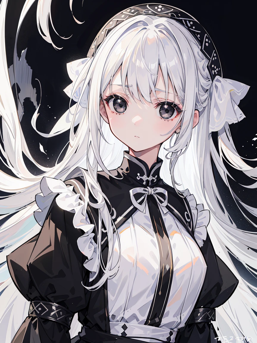 (Top image quality)、(Very detailed)、(Facing forward)、Top quality、masterpiece、(((1 girl )))、Silver Hair、White hair、((Long hair))、Weaving、(black eyes:1.6)、(White and black cheongsam)、Lots of decorations、Lots of ribbons、White Ribbon、Haggard、Fluffy loose hair